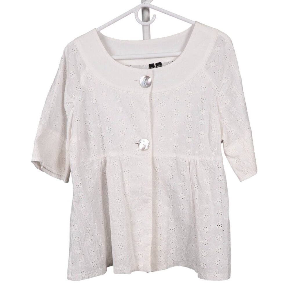 Y2K Eyelet Button Down Blouse XL White Buttons 3/4 Sleeve Cotton Wide Collar
